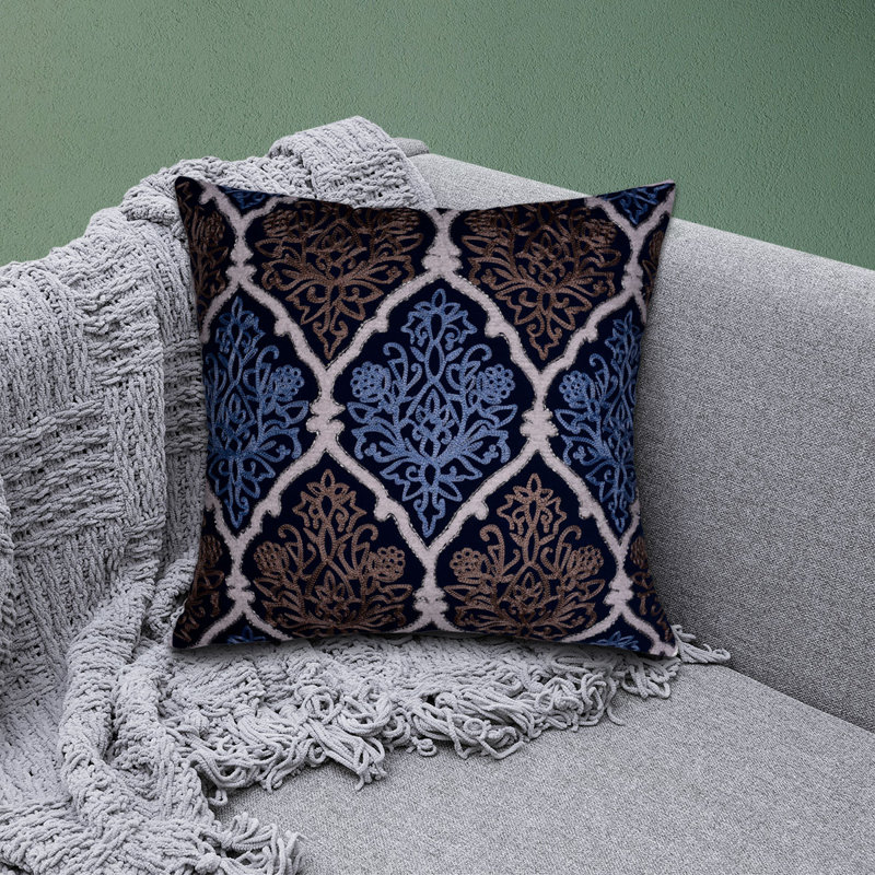 Blue Brown Embroidered Linen Throw Pillow Cover Set – Christmas Decor Accent 18x18 Inches for Sofa, 18X18, Blue Brown