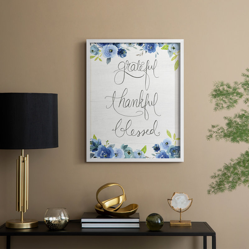 «Grateful, Thankful, Blessed», reproduction encadrée - bois massif, H 15 po x l 12 po, Blanc
