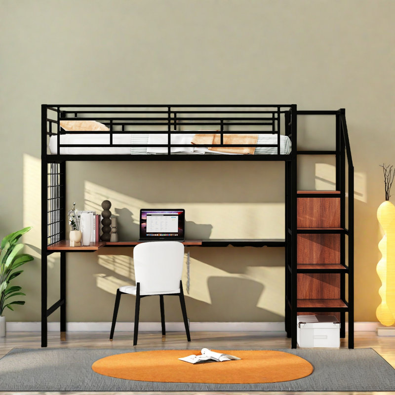 Loft Bed With Storage Stairs And Desk, Black, Full 