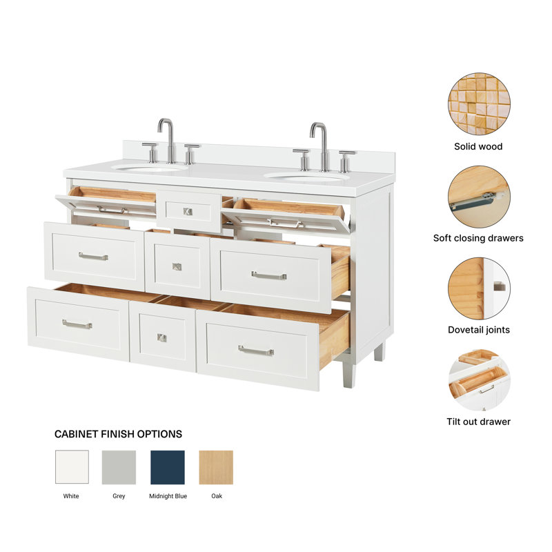 Meuble-lavabo à double cuve en bois massif 61 po ARIEL Monrow, Blanc, 60" - 61", Quartz blanc pur