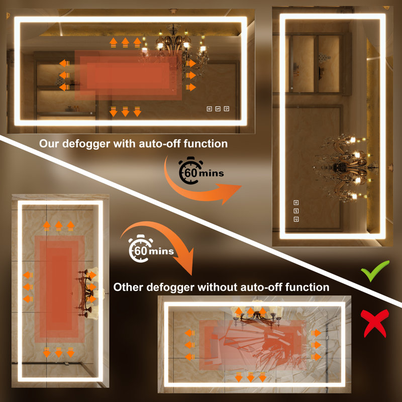 Miroir de salle de bain à DEL 72 x 36, miroirs de salle de bain à intensité variable pour le mur, antibuée, 3 couleurs réglables, mémoire, lumières à DEL doubles (avant et rétroéclairé) Matériau trempé durable