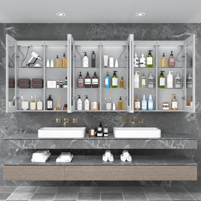 LED Lighted Medicine Cabinet with Mirror, 96*40Inches Bathroom Mirror Cabinet with Lights,Recessed or Wall Mounted, 3 Color TemperaturesAnti-Fog