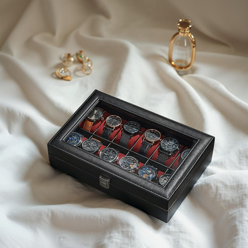 Boîte à montre, organisateur de boîtier de montre à 12 fentes avec grand couvercle en verre, coussins amovibles, cadeau pour les proches