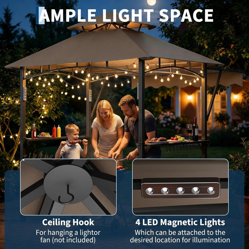 8x5 ft Double-Tier Grill Gazebo with 7x3 ft Front Awning, Heavy Duty Q235 Steel Frame, 2 Shelves, 10 Hooks & LED Lights for Patio, BBQ, Backyard, Claret