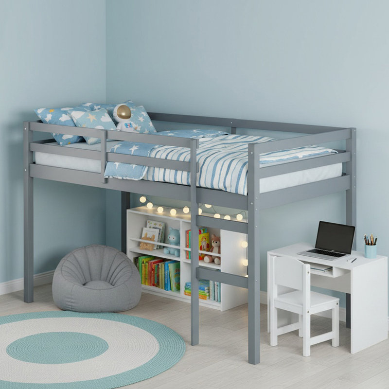 Solid Wood Full Low Loft Bed with Ladder, Platform Bed with Strengthened Slats for Boys& Girls, Gray, Full