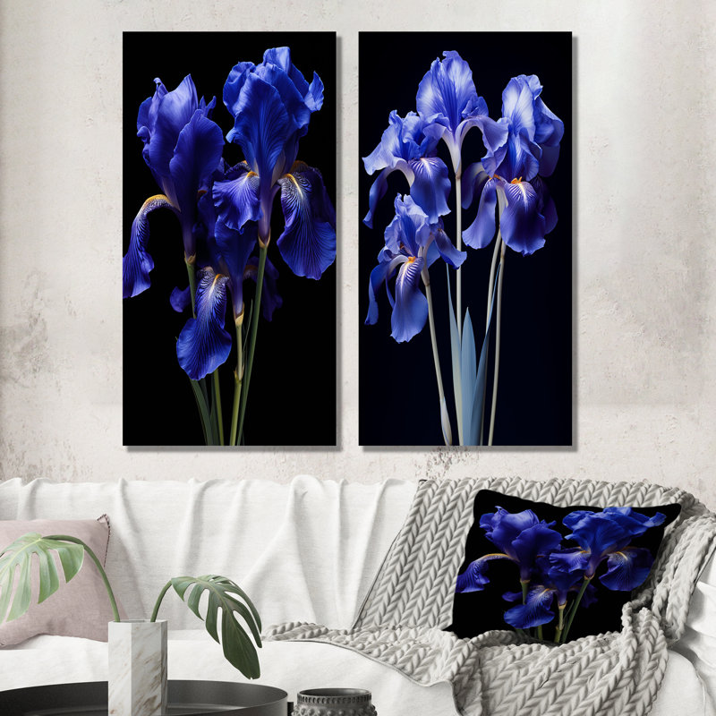 Élégants iris en noir et bleu - Ensemble de 2 estampes métalliques iris, H 28 po x l 24 po