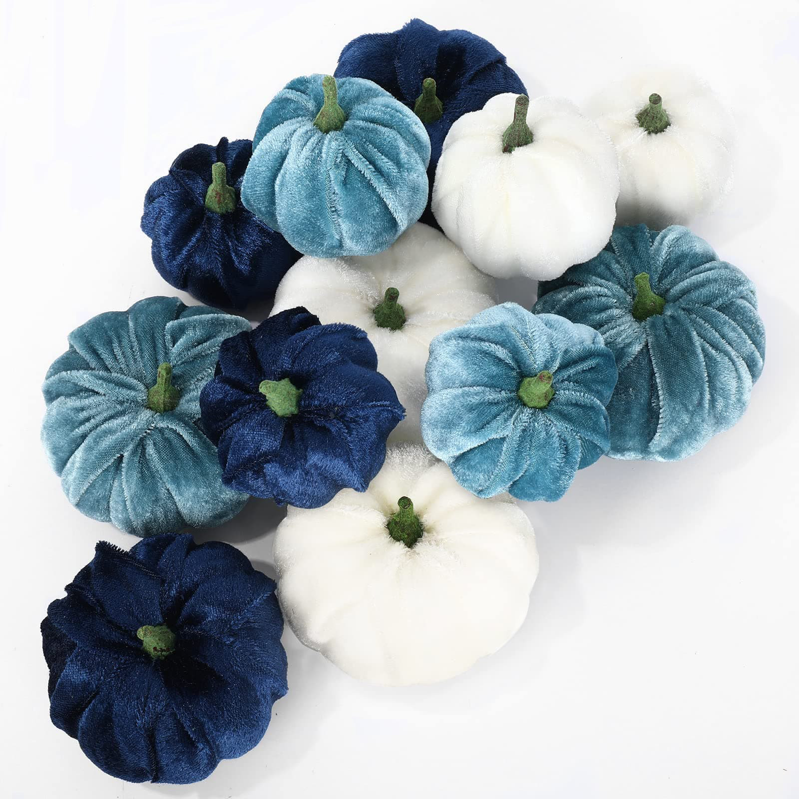 The Holiday Aisle® 12 Pcs Fall Velvet Pumpkins, Blue & White, 2 Sizes, Artificial Decor for Thanksgiving & Halloween. | Wayfair
