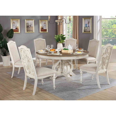 Elegant Rustic 7pc Dining Set Round Table 6x Side Chairs Ivory Fabric Upholstered Seat Antique White