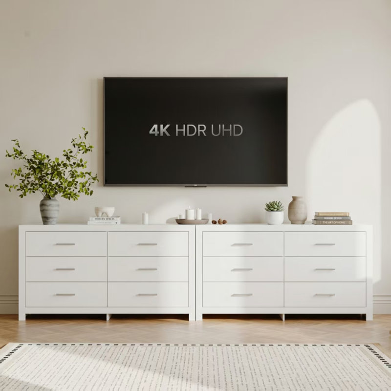 2-Piece 126" Wide TV Stand with 12 Storage Drawers, Media Console For 70/75/85/90/100+ Inch TVs, White Wood