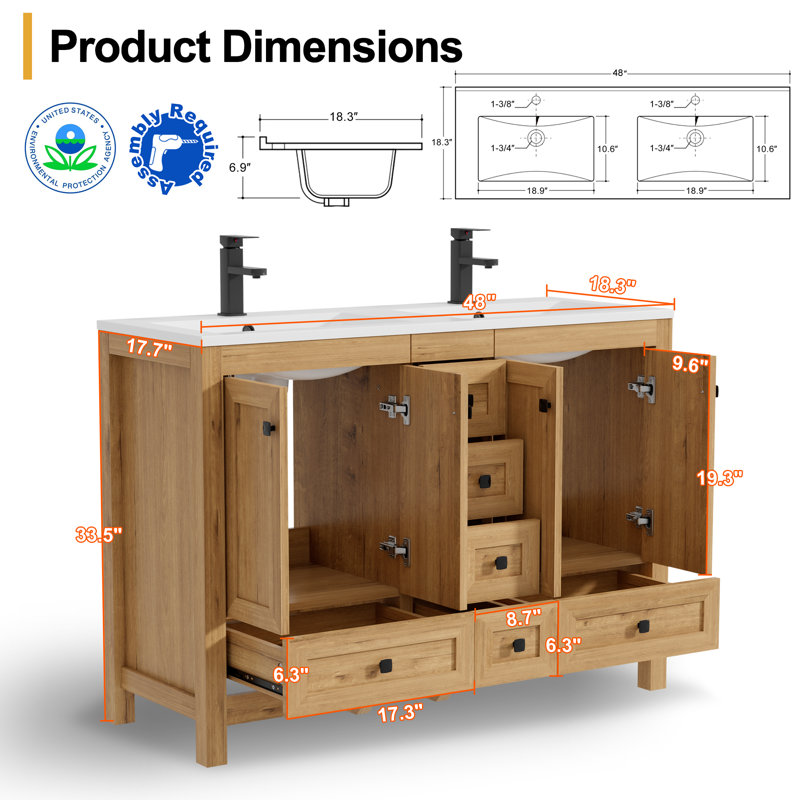 Wimer 48" Modern Farmhouse Double Sink Bathroom Vanity With Resin Sink Top, Natural Wood Tune, Assembly Required, 48"