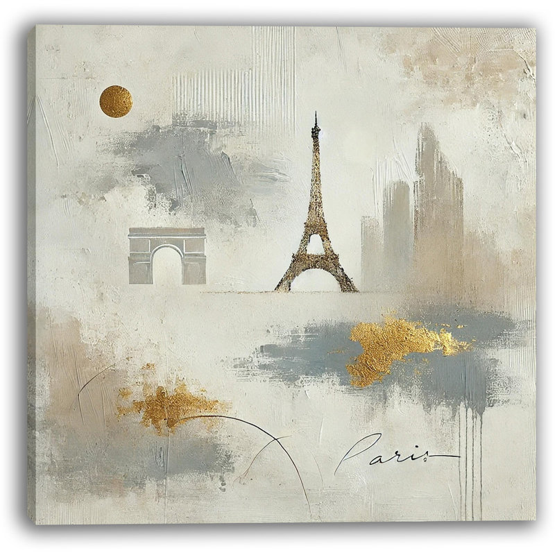 Golden Paris Dream Canvas Print - Eiffel Tower and Arc de Triomphe Design, 20" H x 20" W x 1.5" D