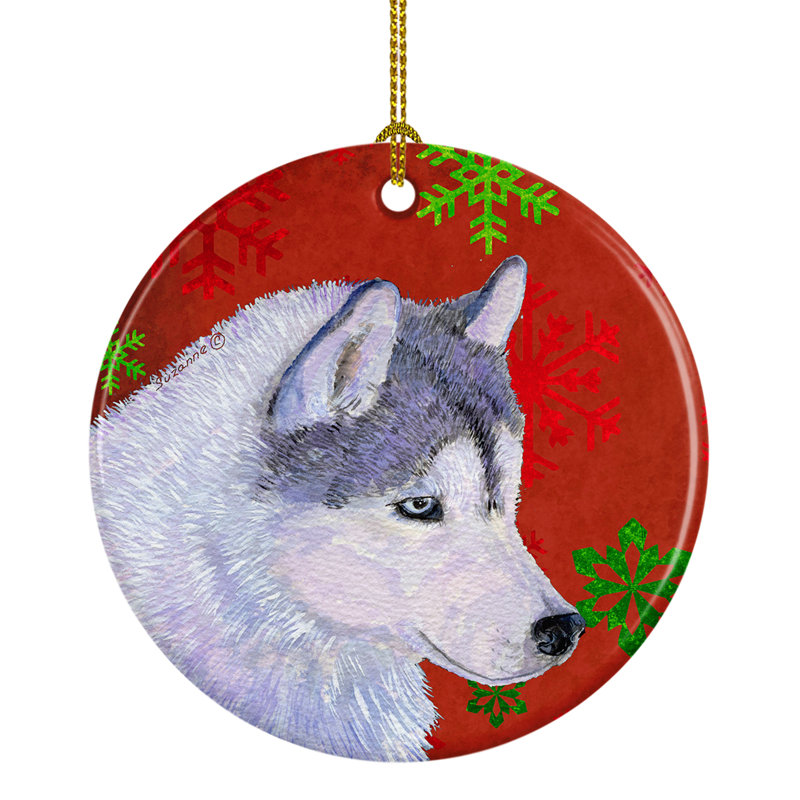 Ornement figurine suspendu en céramique sibérie husky flocons de noël