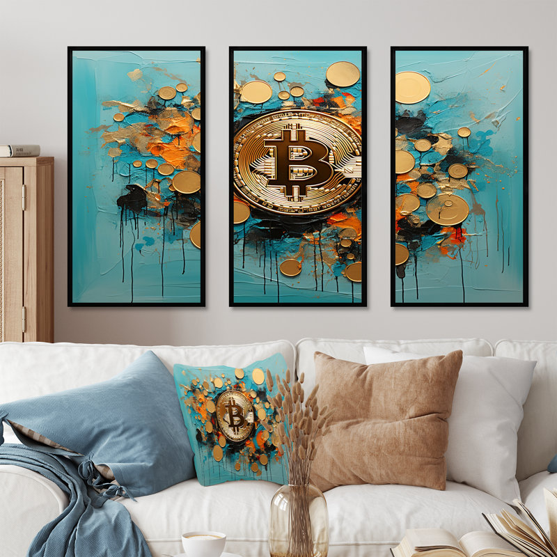 Or et bleu Crypto Bitcoin Collage - art mural mode Bitcoin, H 28 po x l 36 po x P 1 po, Cadre flottant noir