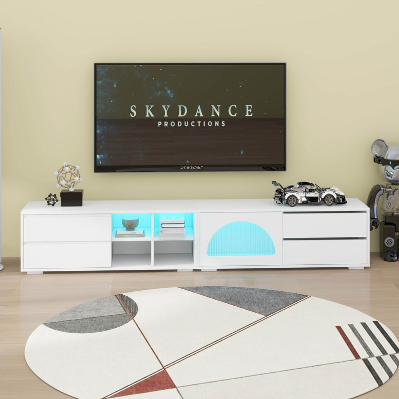 Meuble télé moderne à DEL, console multimédia avec porte en verre cannelé et 2 tiroirs, Blanc