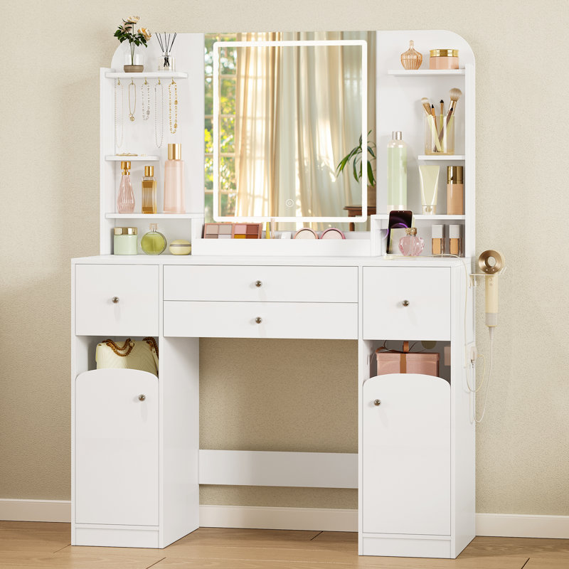 Dressing Table with Mirror, Vanity Table with Adjustable Brightness, Power Strip, 4 Drawers and 2 Open Cabinets, 5 Jewelry Hooks, Open Compartments