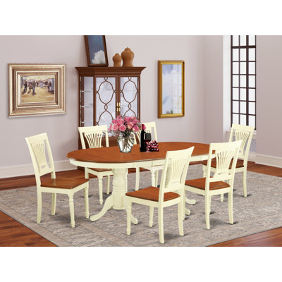7 Piece Modern Dining Table Set Consist of an Oval Wooden Table with Butterfly Leaf and 6 Dining Room Chairs, Buttermilk & Cherry