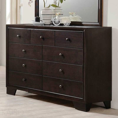 Mobilier de chambre à coucher de style moderne avec commode à neuf tiroirs et finition brune