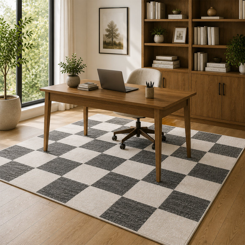 Tapis à carreaux lavable à la machine, Square, 9x9 ft, Black & White