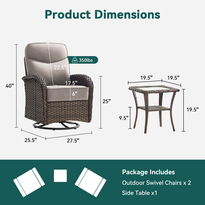 Himonia 2-Person Wicker Outdoor Seating Group With Swivel Glider, 6" Thick Cushions And Side Table, Beige, Brown