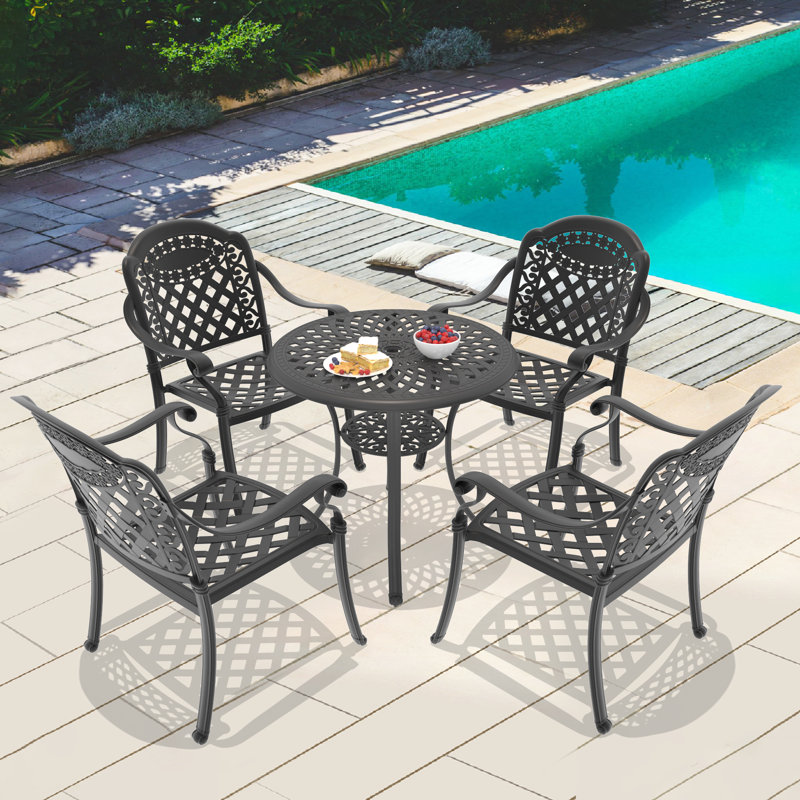 5-Piece 30.71-inch Round Table Cast Aluminum Outdoor Dining Set with Umbrella Hole and Red Cushions