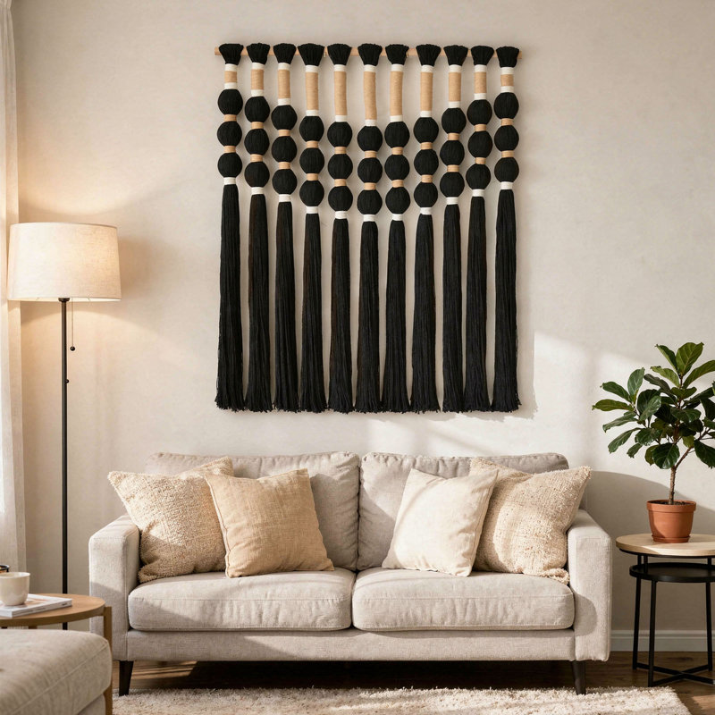 Handmade Black Macrame Wall Hanging, Cotton Spherical Knot Boho Wall Art, Modern Fiber Yarn Decor for Living Room, Bedroom, Nursery, Office (27" W x 33" L)