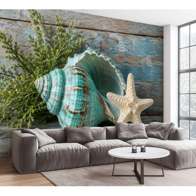 Papier peint adhésif autocollant Rustic Seashell Beach Coastal Teal Blue Conch Shell Farmhouse Ocean