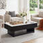 Table basse à plateau relevable moderne avec rangement caché, tiroir et plateau en marbre blanc - centre de table en bois massif cannelé pour les petits salons