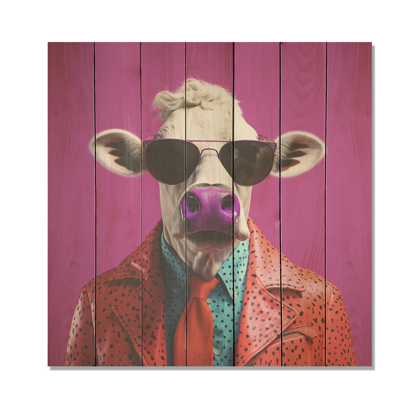 Mauve avec lunettes de soleil - Vache animalière sur bois, H 15 po x l 15 po