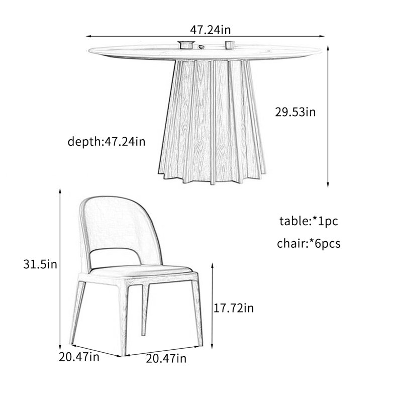 Ensemble de table de salle à manger Rock Plate et base en bois massif., H 29,53 po x L 47,24 po x l 47,24 po