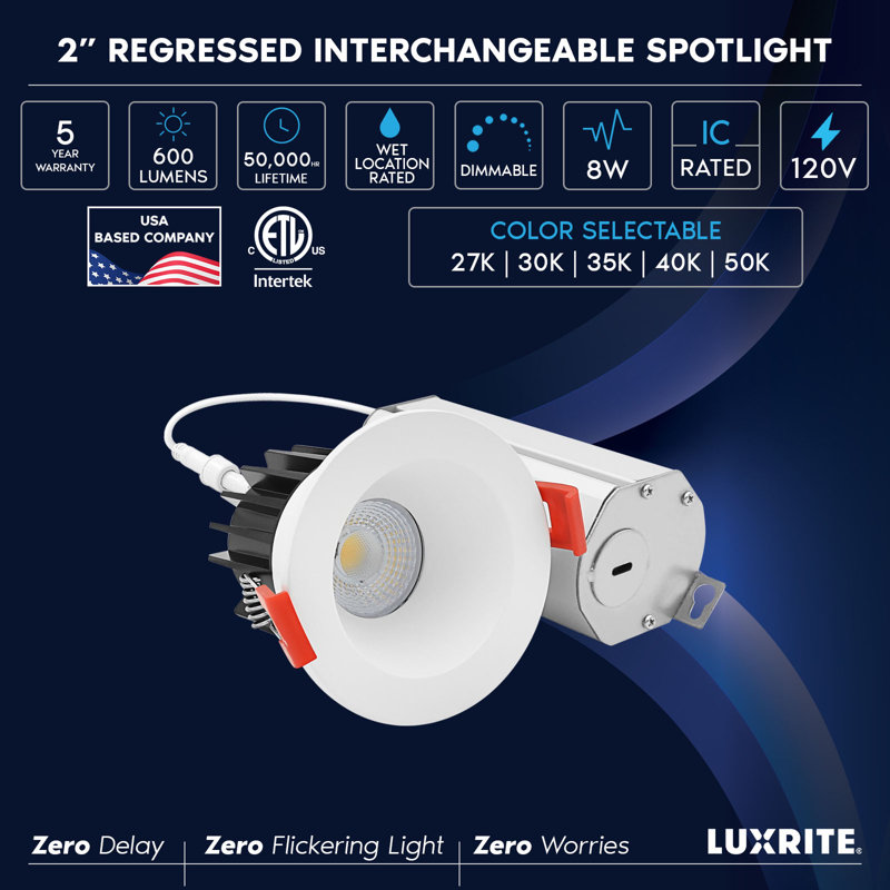 Projecteur encastré 2 pouces DEL avec garniture interchangeable LUXRITE, J-Box, 8 W, 600LM, 5CCT, faisceau 60 °, à intensité variable, Twist N’ Lock, CRI 90, blanc, paquet de 4