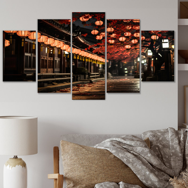 Lanterne en papier Japon Art Glow II - Art mural japonais, salon - 5 panneaux