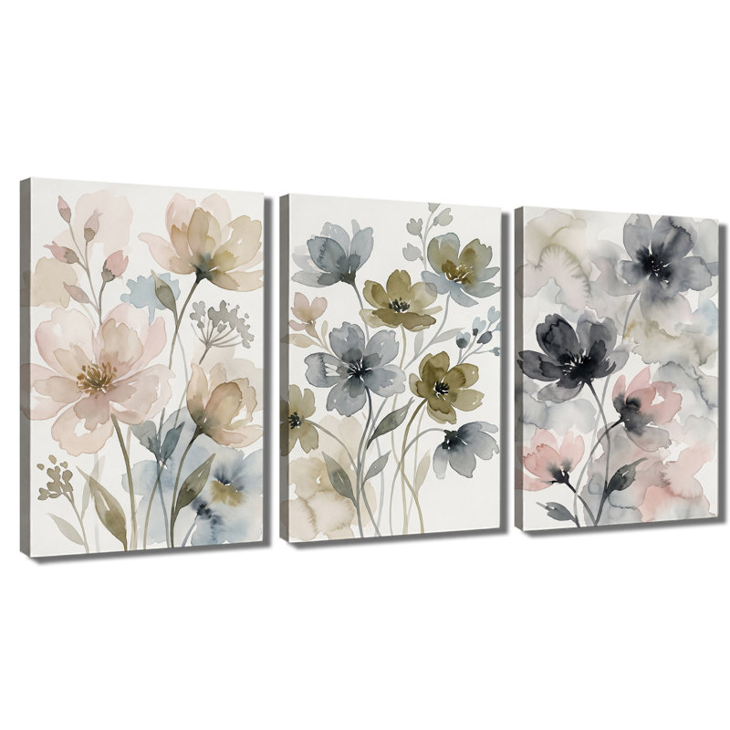Aquarelle neutre, ensemble de 3 impressions sur toile de fleurs sauvages, 24 * 36 pouces * 3