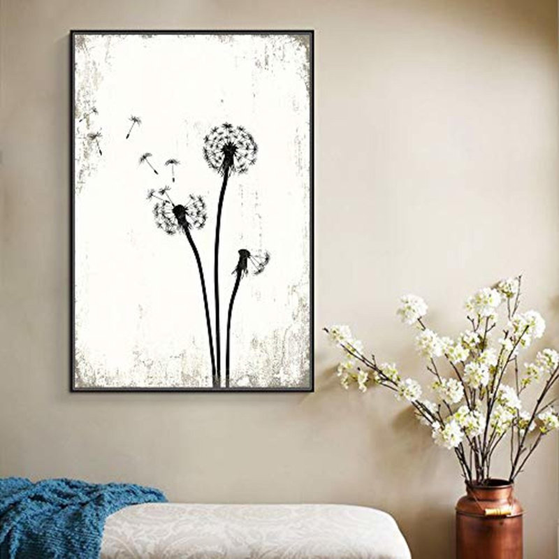 Pissenlit «Simple Whimsy Flying Dandelion, H 24 po x l 16 po, Toile encadrée, Noir