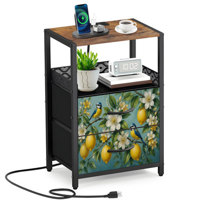 Table de chevet 2 tiroirs en tissu avec station de charge et table de chevet avec des ports USB et des prises USB