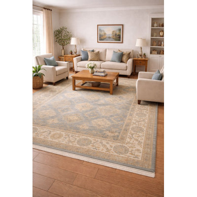 Tapis oriental bleu / gris / crème / or Oushak Chobi