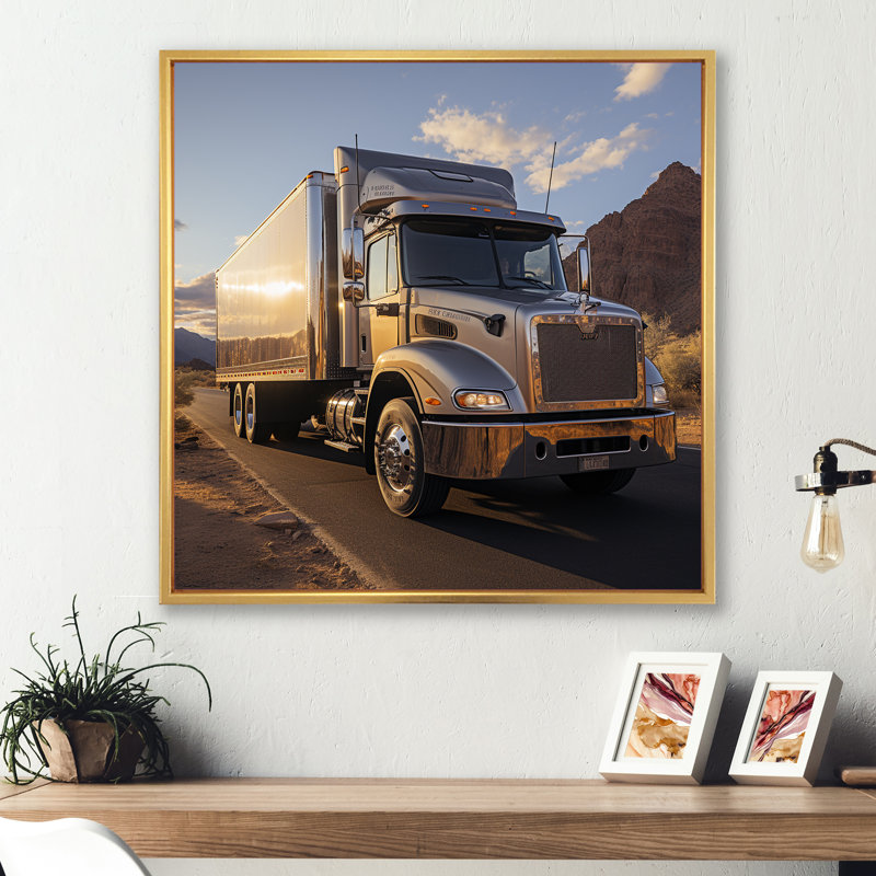 Route 66, livraison de camion sur toile, Cadre flottant doré, H 30 po x l 30 po x P 1 po