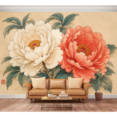 Papier peint adhésif à peler et coller Boho brun, vert, orange, floral, pivoine rétro, fleurs, divers, papier autocollant amovible, décoration murale pour salon, chambre à coucher H 100 po x l 144 po