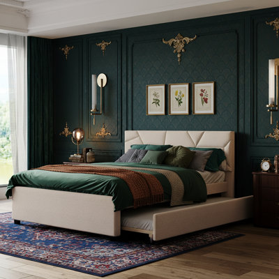 Queen Size Upholstered Platform Bed with Brick Pattern Headboard and Twin XL Trundle