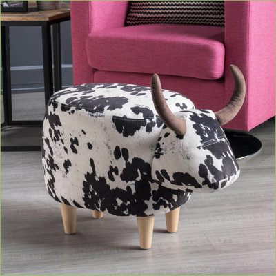 Ottoman, Black and White Cow-Shaped Footstool with Velvet Horns &amp; Birch Legs | for Living Room, Bedroom, Outdoor | Walnut Brown Option, Solid Wood Legs