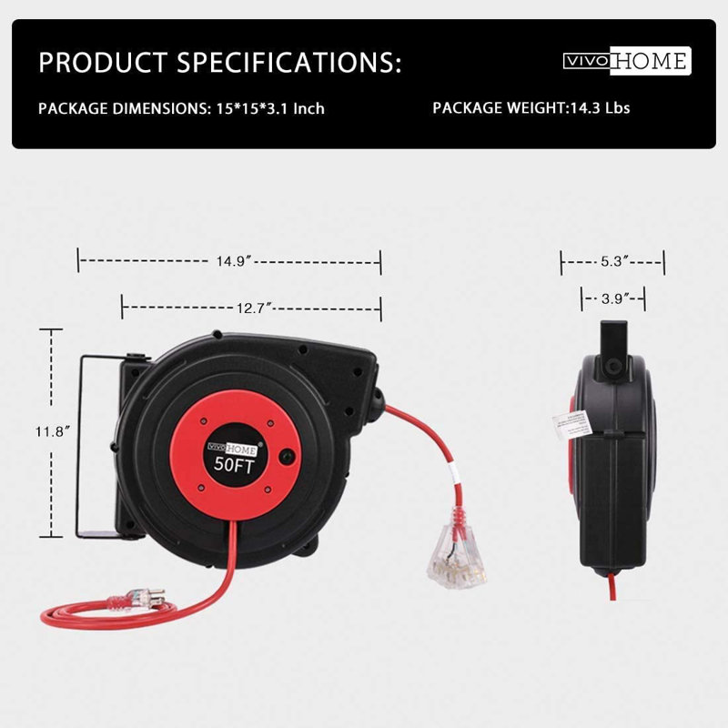Vivohome 14AWG/3C SJTOW 50 Feet Retractable Extension Cord Reel