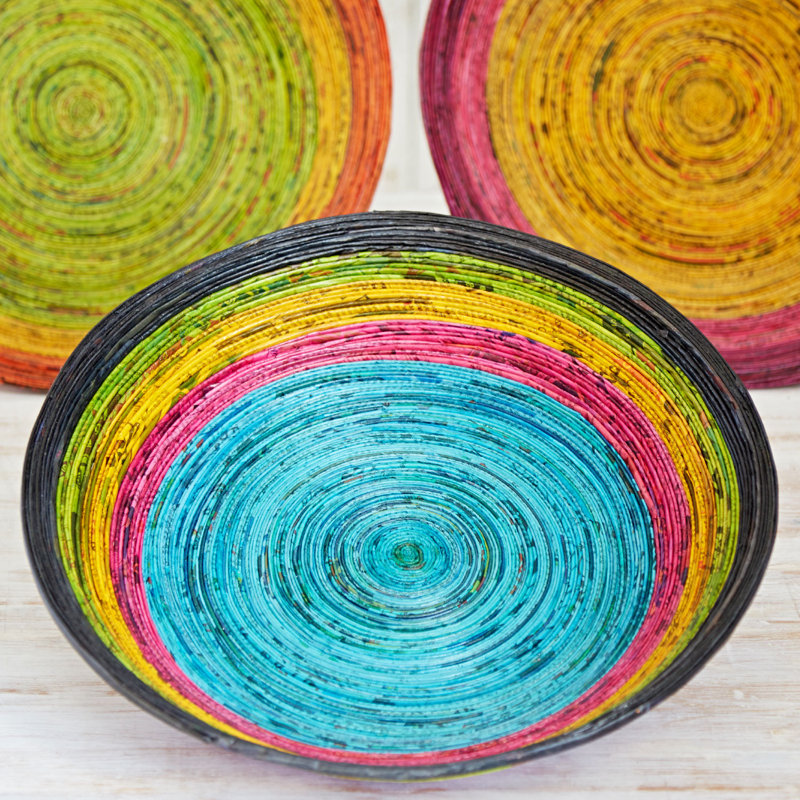 Handmade Paper Decorative Bowl 1, 6.5cm H x 16.5cm W x 16.5cm D, Navy/Green/Yellow/Pink/Blue