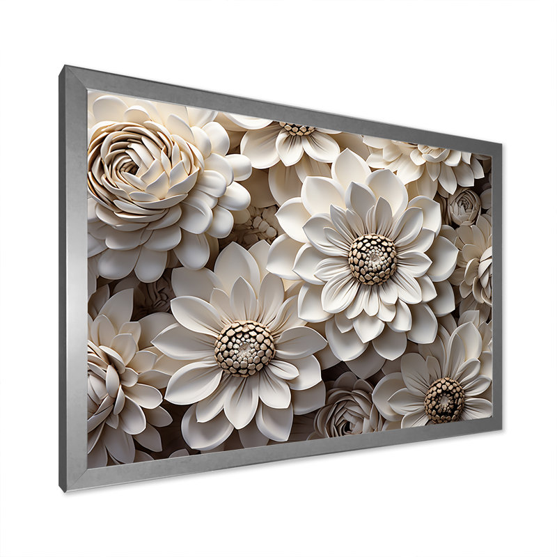 Représentation transparente de zinnias blancs sur toile, H 16 po x l 32 po x P 1 po, Cadre simple argenté