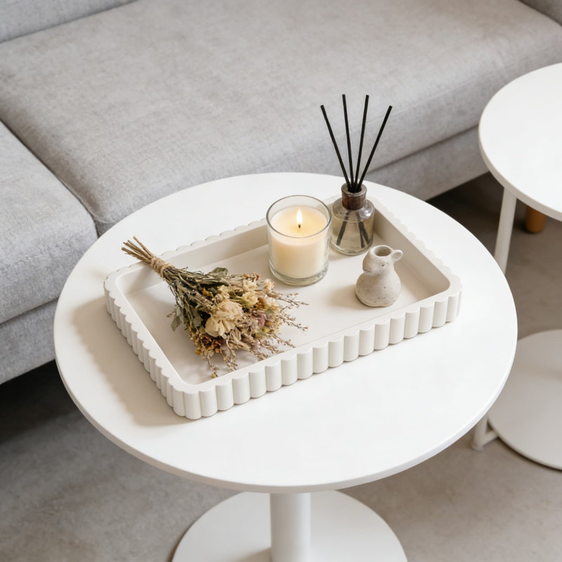 Modern Concrete Decorative Tray For Coffee Table Centerpiece, Handcrafted Rectangular Serving Tray With Fluted Design For Home Decor, Ottoman, And Living Room