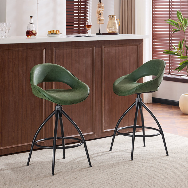 Set Of 2  Leather Swivel Bar Stools With Curved Back And Footrest For Kitchen Island In Green, Green