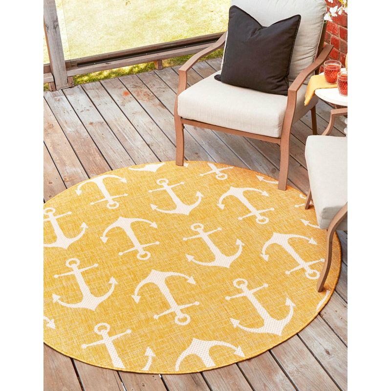 Tapis d'intérieur / extérieur en plastique tissé à la machine Glidden - jaune / ivoire, Rond 4 pi