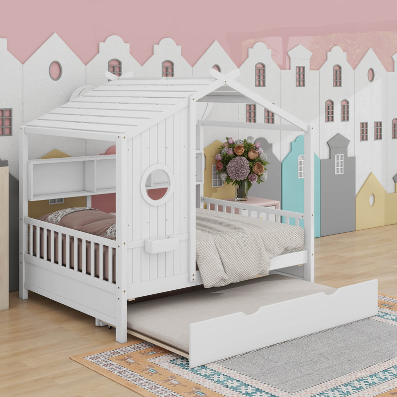 Lit avec lit gigogne Asahn, Lit double, Blanc