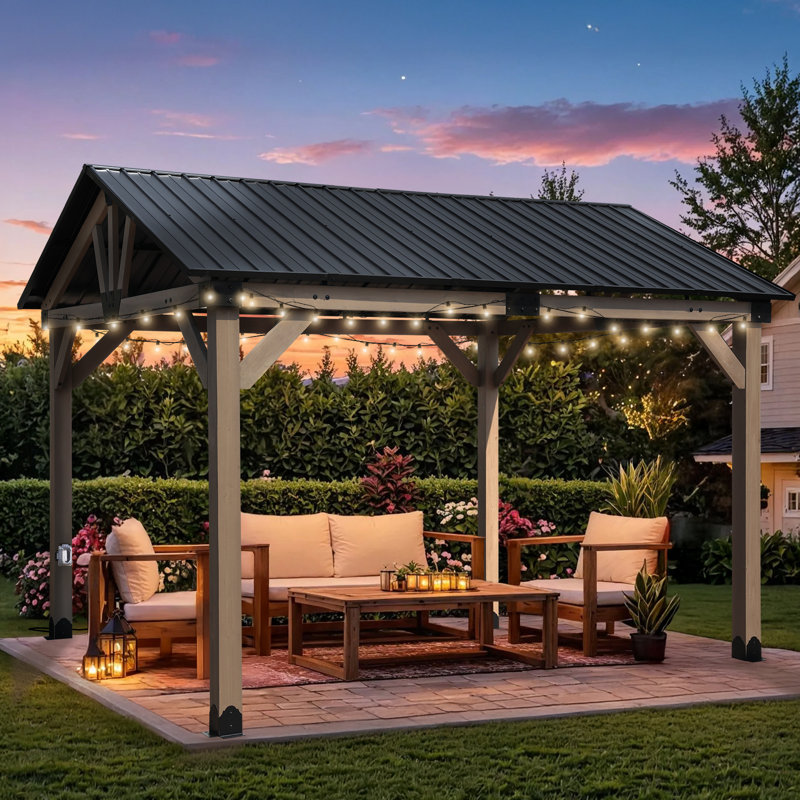 Pavillon de jardin en bois avec prises 12 pi x 10 pi Aoodor, H 114 po x l 144 po x P 120 po