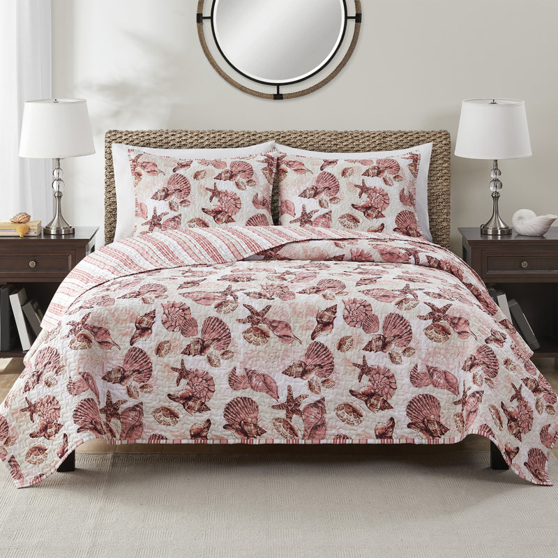 Ensemble de courtepointe réversible en microfibre 3 pièces Shell Treasure, Courtepointe double et 2 taies décoratives standa
