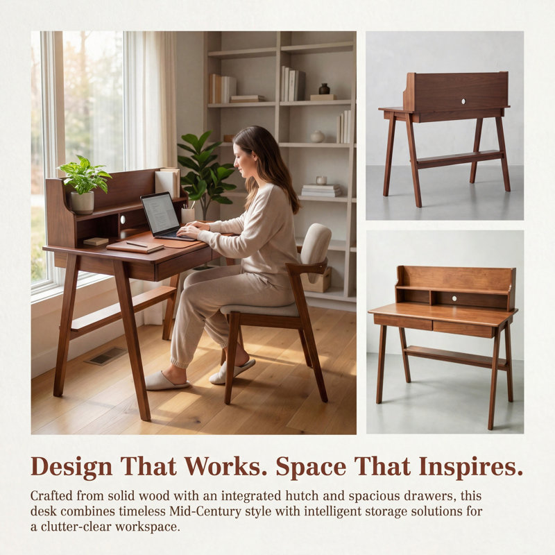 Bureau 100% bois massif avec tiroir et tablettes, table d'écriture de style Mid-Century moderne