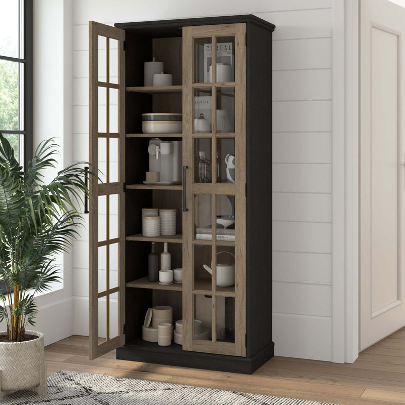 Présentoir Arkyn avec portes en verre, Hickory rétro noir / brun clair restauré
